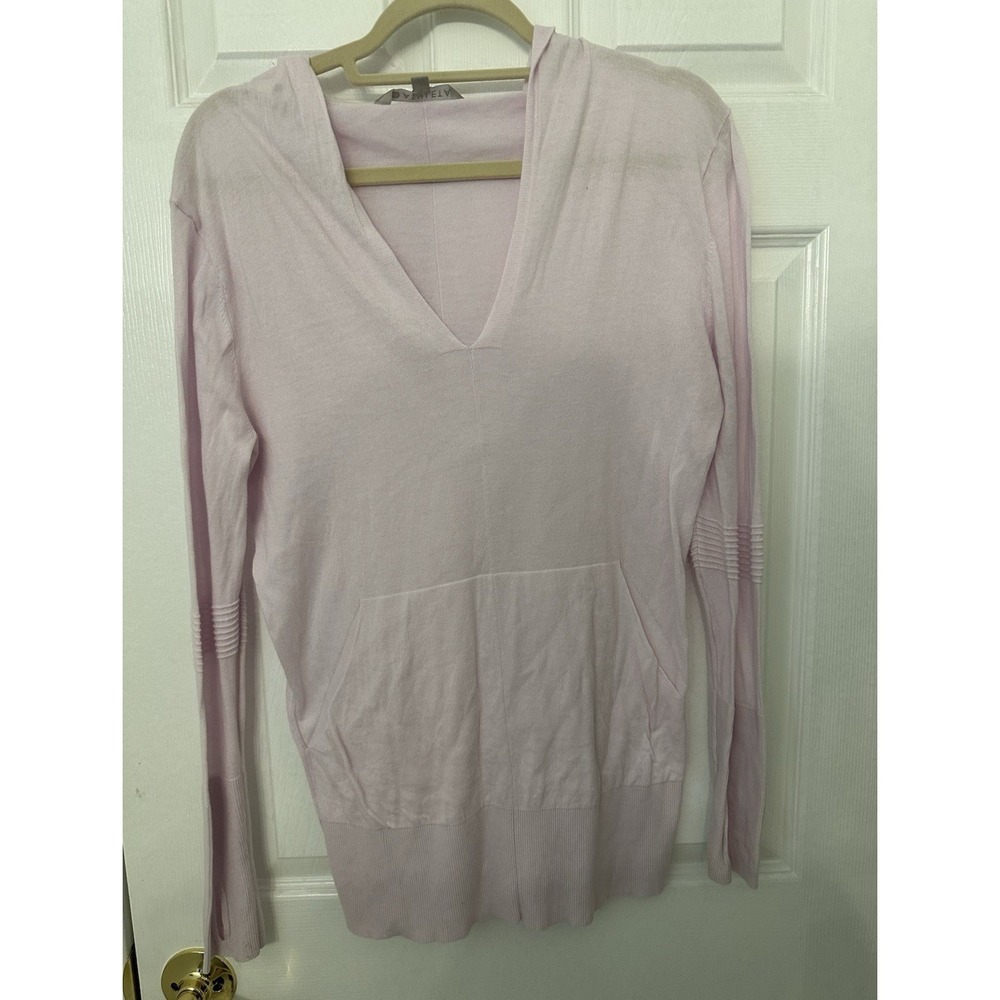 Athleta Lavender Pink Silk Blend V-Neck Hoodie Knit Pullover Sweater Size M